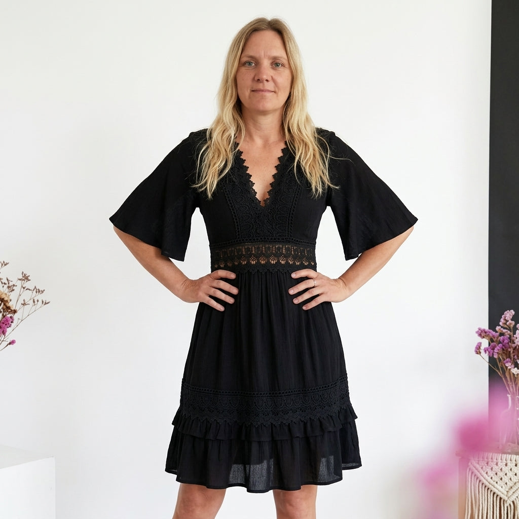 Zwarte Kanten Boho Mini-jurk