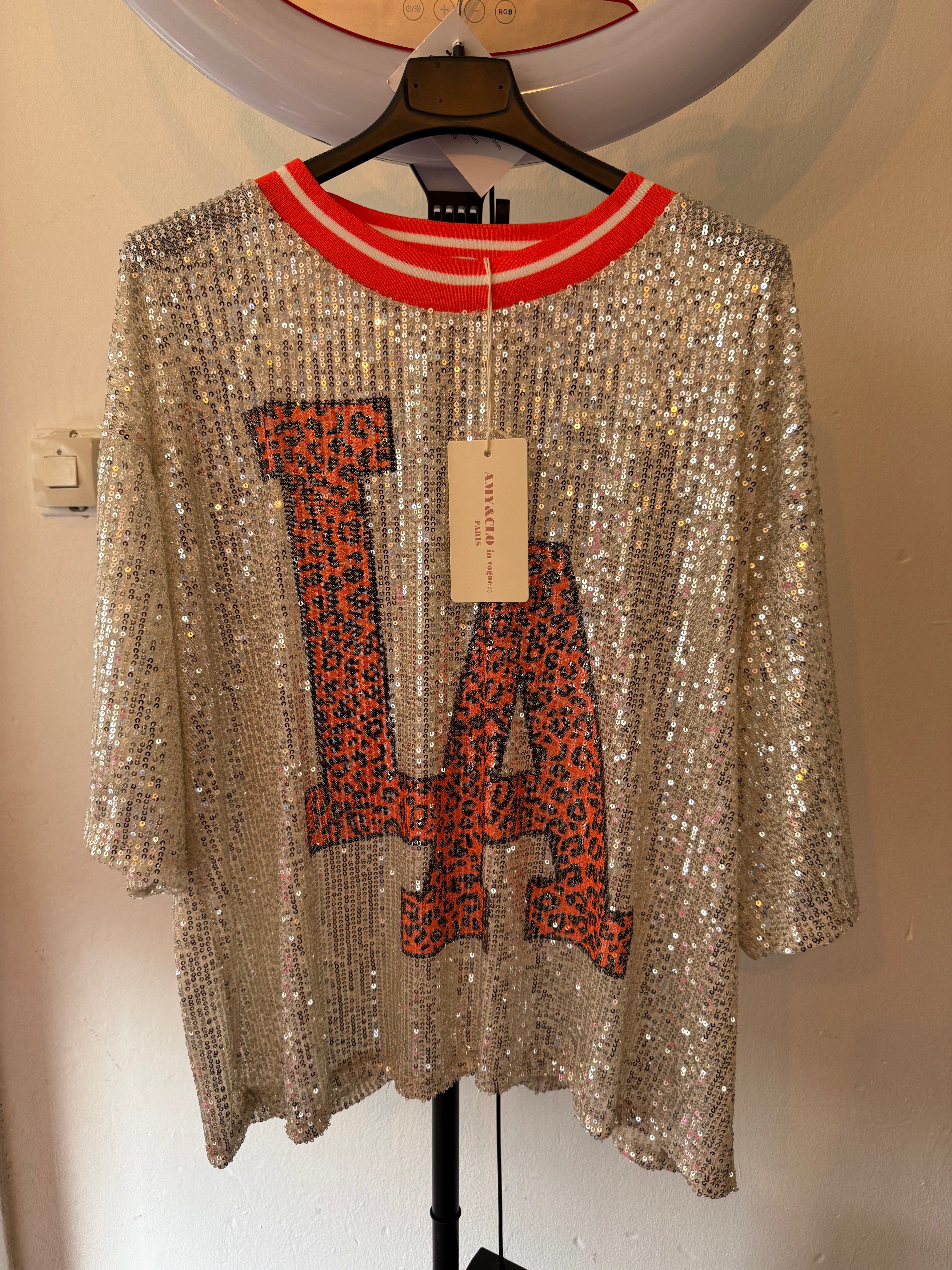 Shirt zilver glitter oranje LA letters