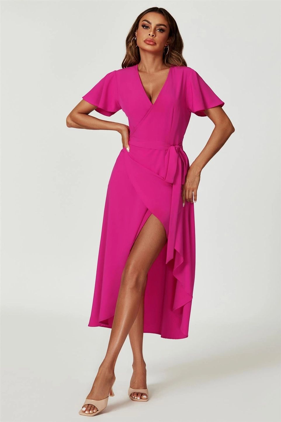 Fuchsia Wikkel Midi-jurk met Strikceintuur