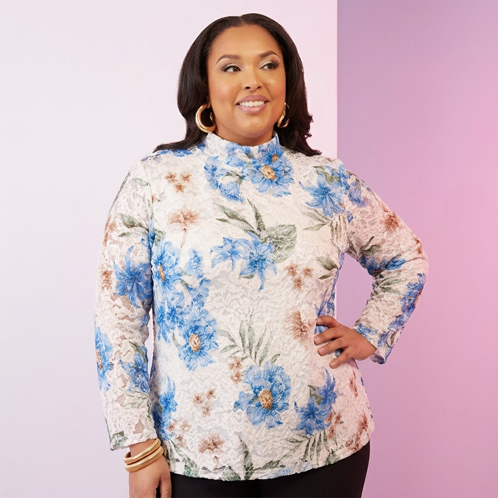 Plussize kanten blouse blauwe bloemen