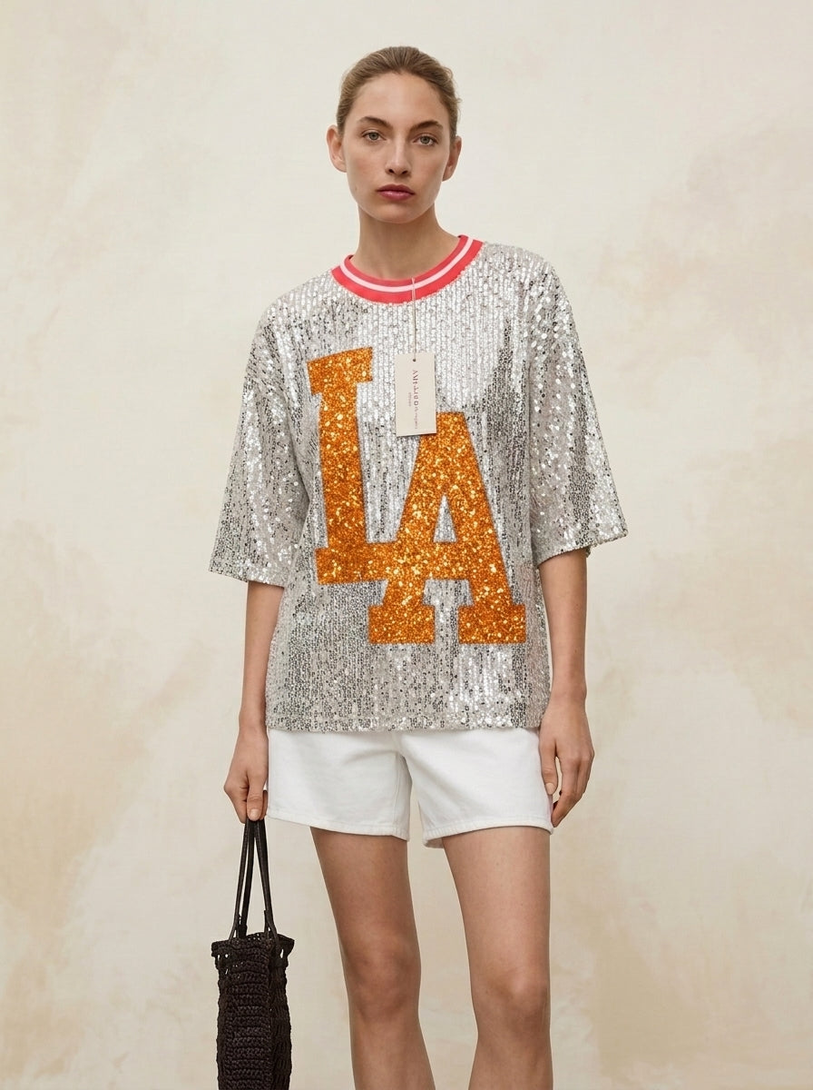 Shirt zilver glitter oranje LA letters